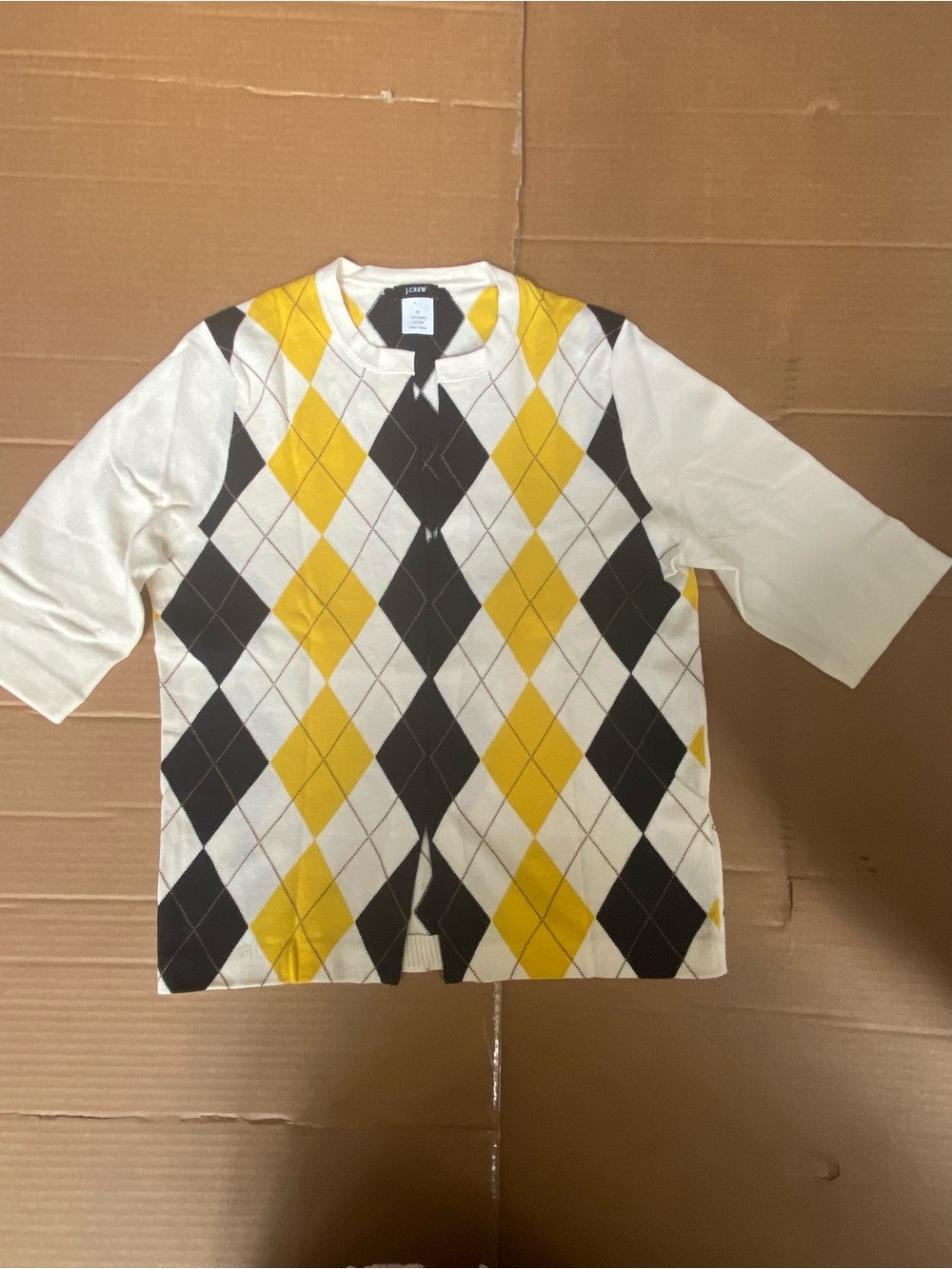 J. Crew Yellow Navy White Argyle Short-Sleeve Crewneck Cardigan - Picture 3 of 4